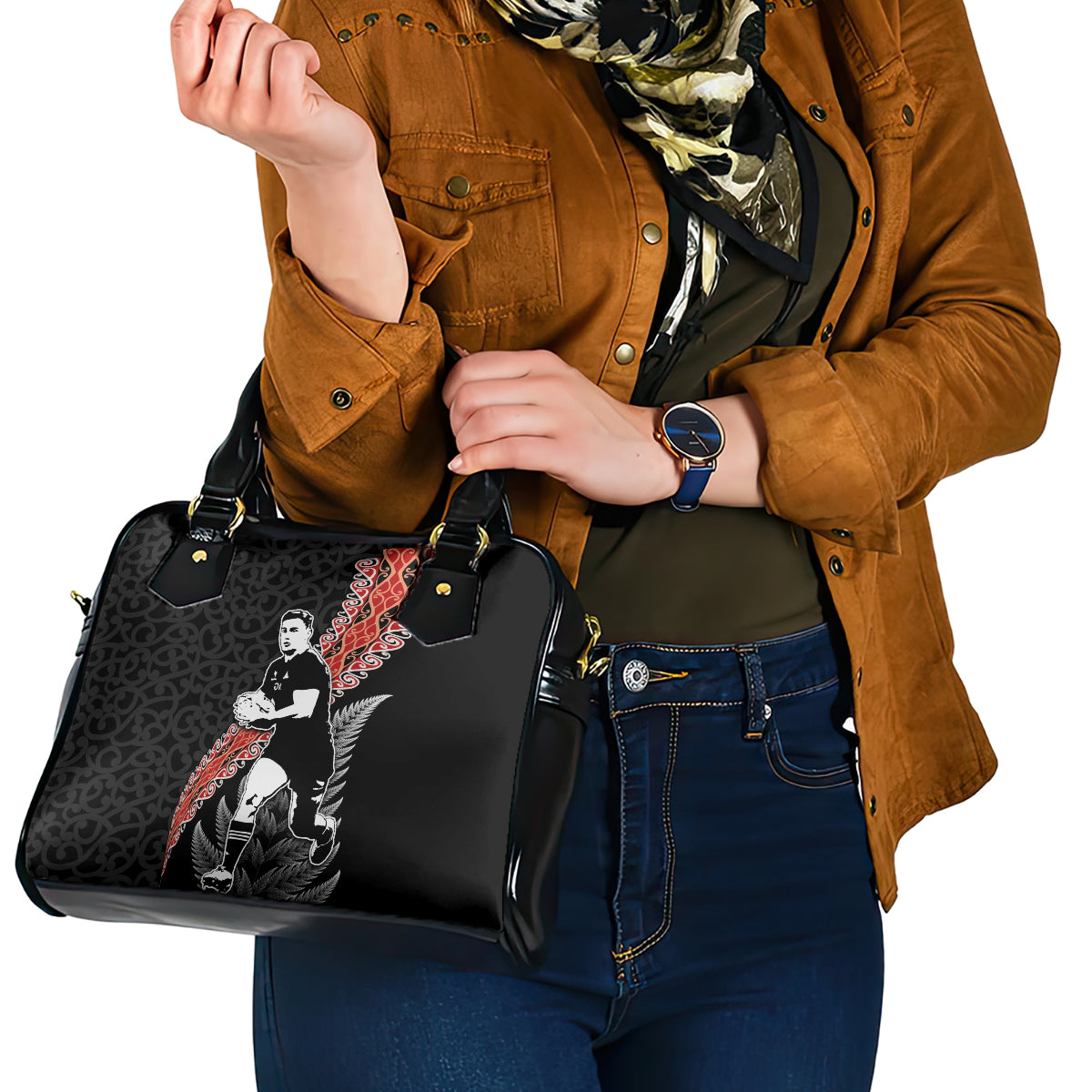 New Zealand Maori Rugby Player Shoulder Handbag Maori and Silver Fern Half Style
