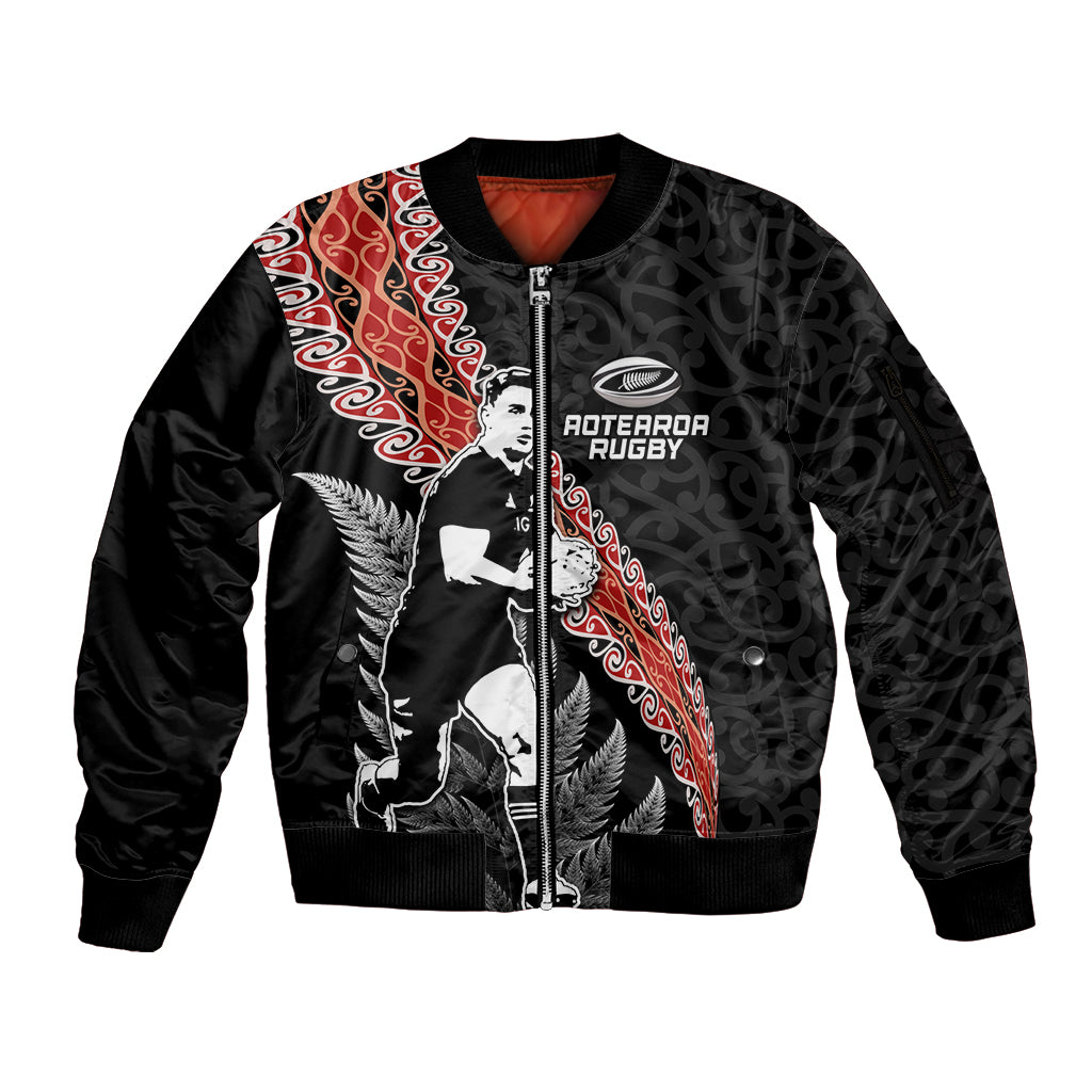 New Zealand Maori Rugby Player Sleeve Zip Bomber Jacket Maori and Silver Fern Half Style LT03 Unisex Black - Polynesian Pride