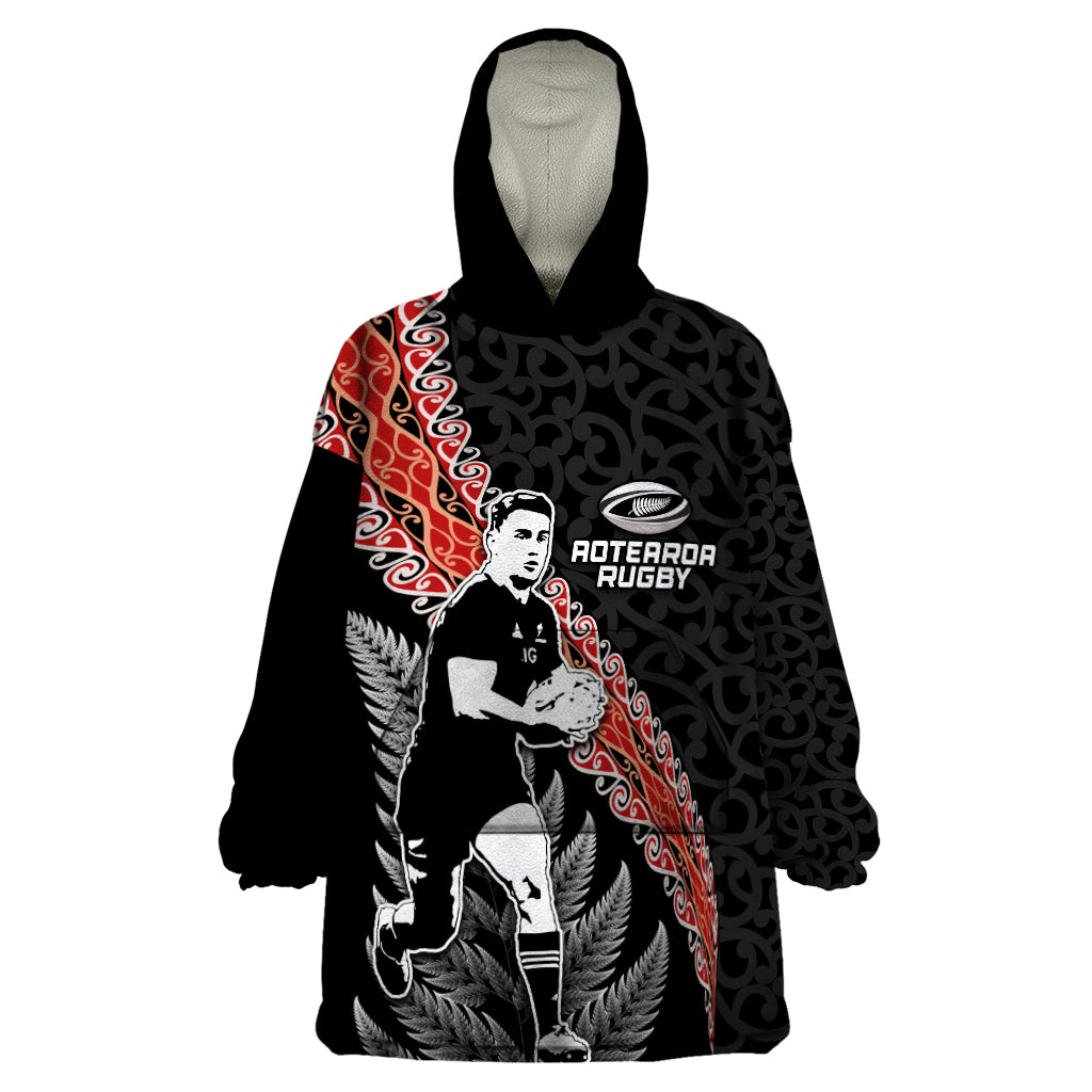 New Zealand Maori Rugby Player Wearable Blanket Hoodie Maori and Silver Fern Half Style LT03 One Size Black - Polynesian Pride
