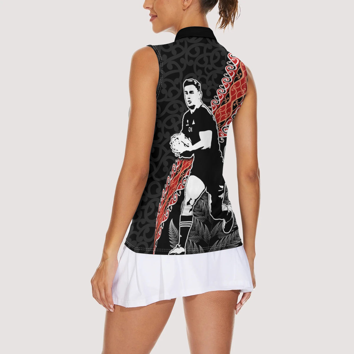 New Zealand Maori Rugby Player Women Sleeveless Polo Shirt Maori and Silver Fern Half Style