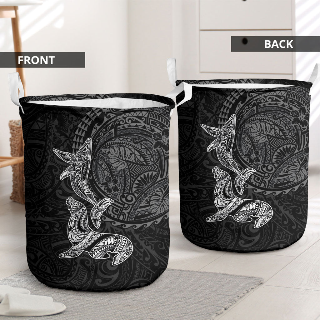 Hawaiian Monk Seal and Whale Laundry Basket Kakau Tribal Pattern Grayscale