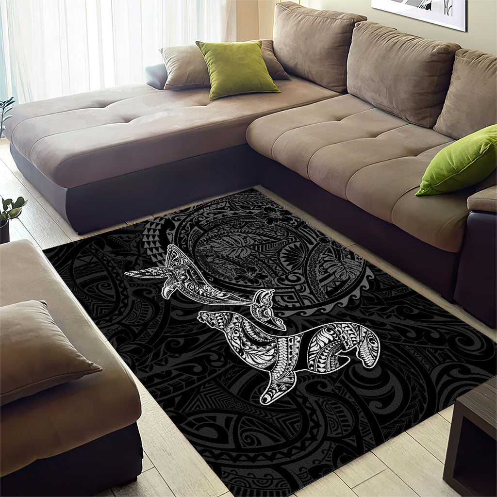 Hawaiian Monk Seal and Whale Area Rug Kakau Tribal Pattern Grayscale