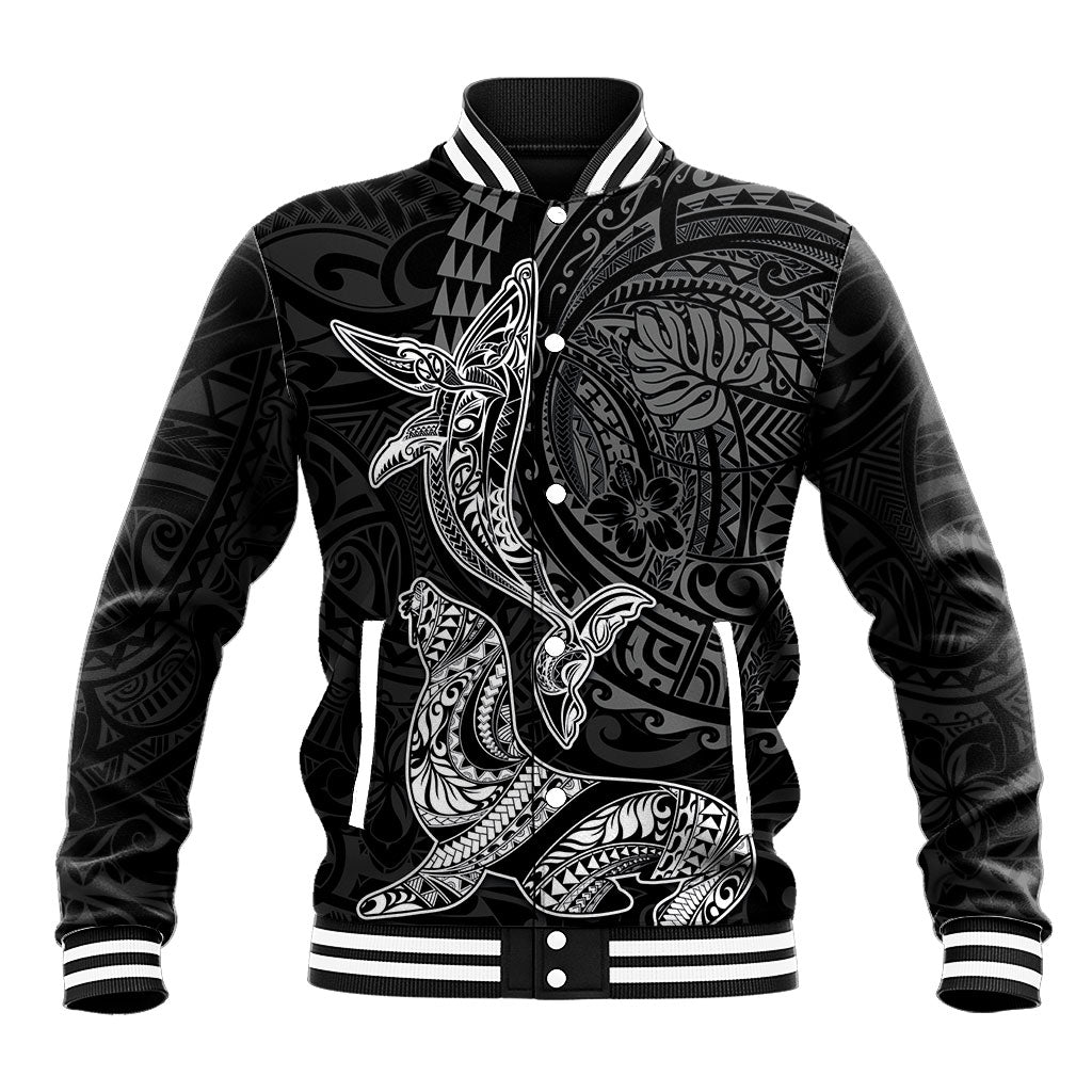 Hawaiian Monk Seal and Whale Baseball Jacket Kakau Tribal Pattern Grayscale