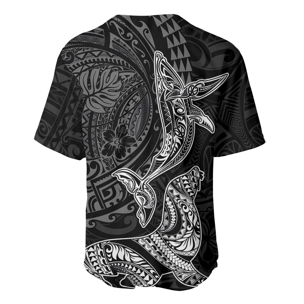 Hawaiian Monk Seal and Whale Baseball Jersey Kakau Tribal Pattern Grayscale