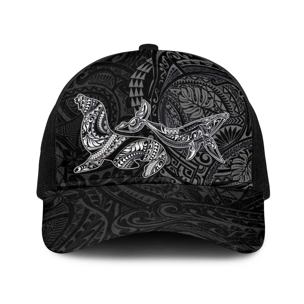 Hawaiian Monk Seal and Whale Baseball Net Cap Kakau Tribal Pattern Grayscale