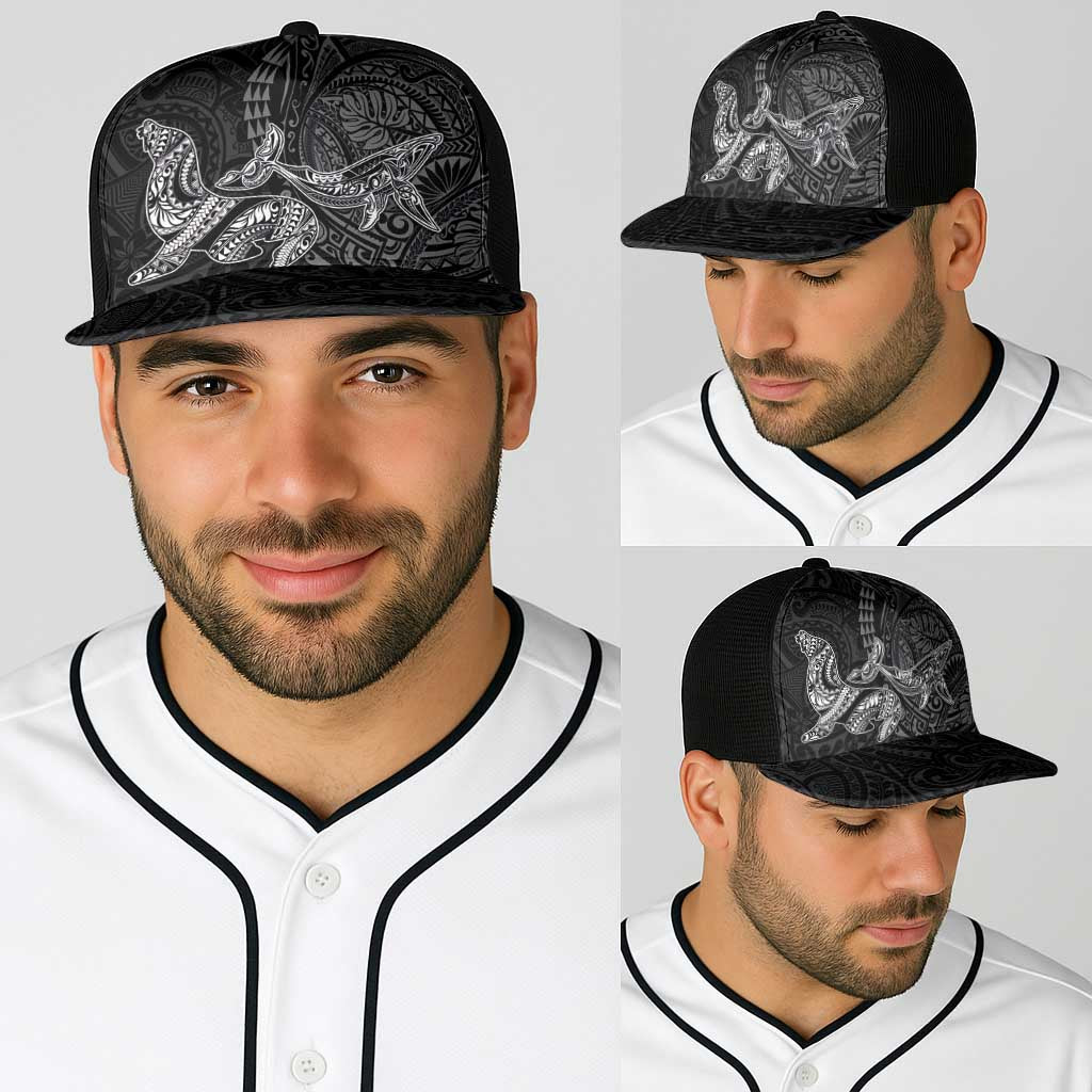 Hawaiian Monk Seal and Whale Baseball Net Cap Kakau Tribal Pattern Grayscale