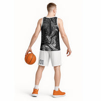 Hawaiian Monk Seal and Whale Basketball Jersey Kakau Tribal Pattern Grayscale
