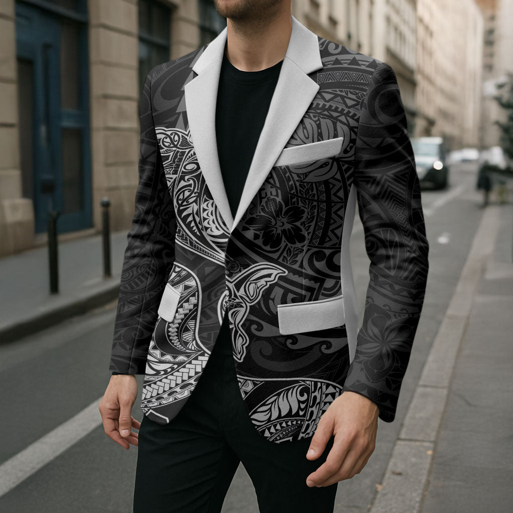 Hawaiian Monk Seal and Whale Blazer Kakau Tribal Pattern Grayscale