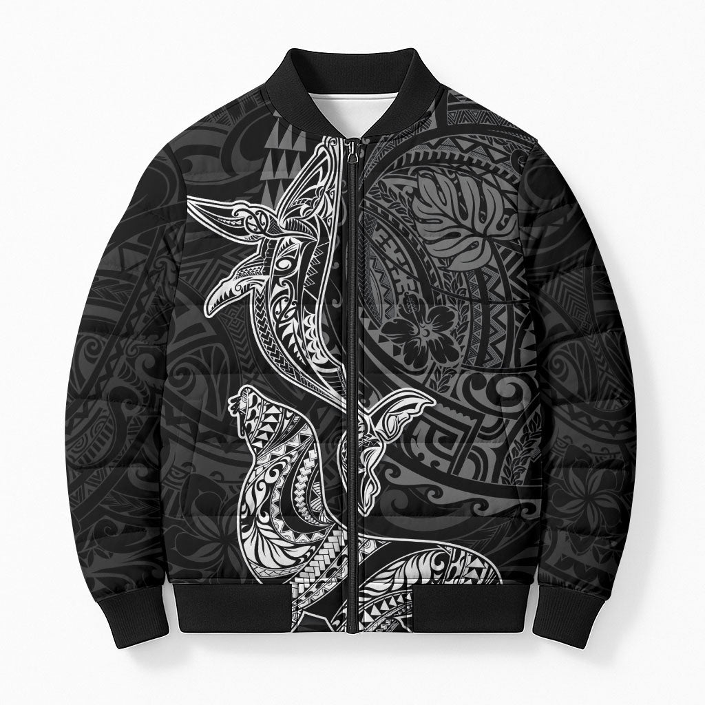 Hawaiian Monk Seal and Whale Bomber Puffer Jacket Kakau Tribal Pattern Grayscale