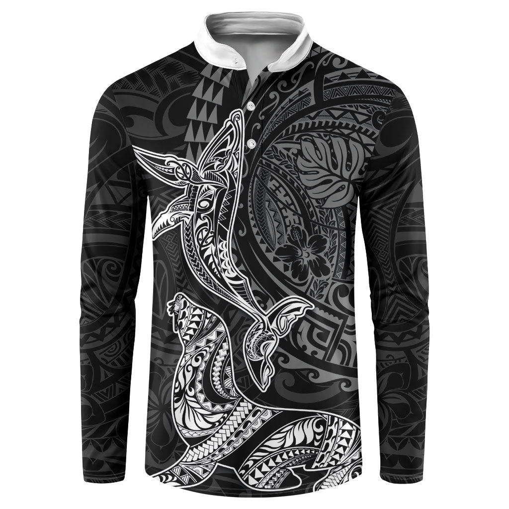 Hawaiian Monk Seal and Whale Button Sweatshirt Kakau Tribal Pattern Grayscale