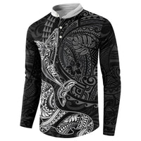 Hawaiian Monk Seal and Whale Button Sweatshirt Kakau Tribal Pattern Grayscale
