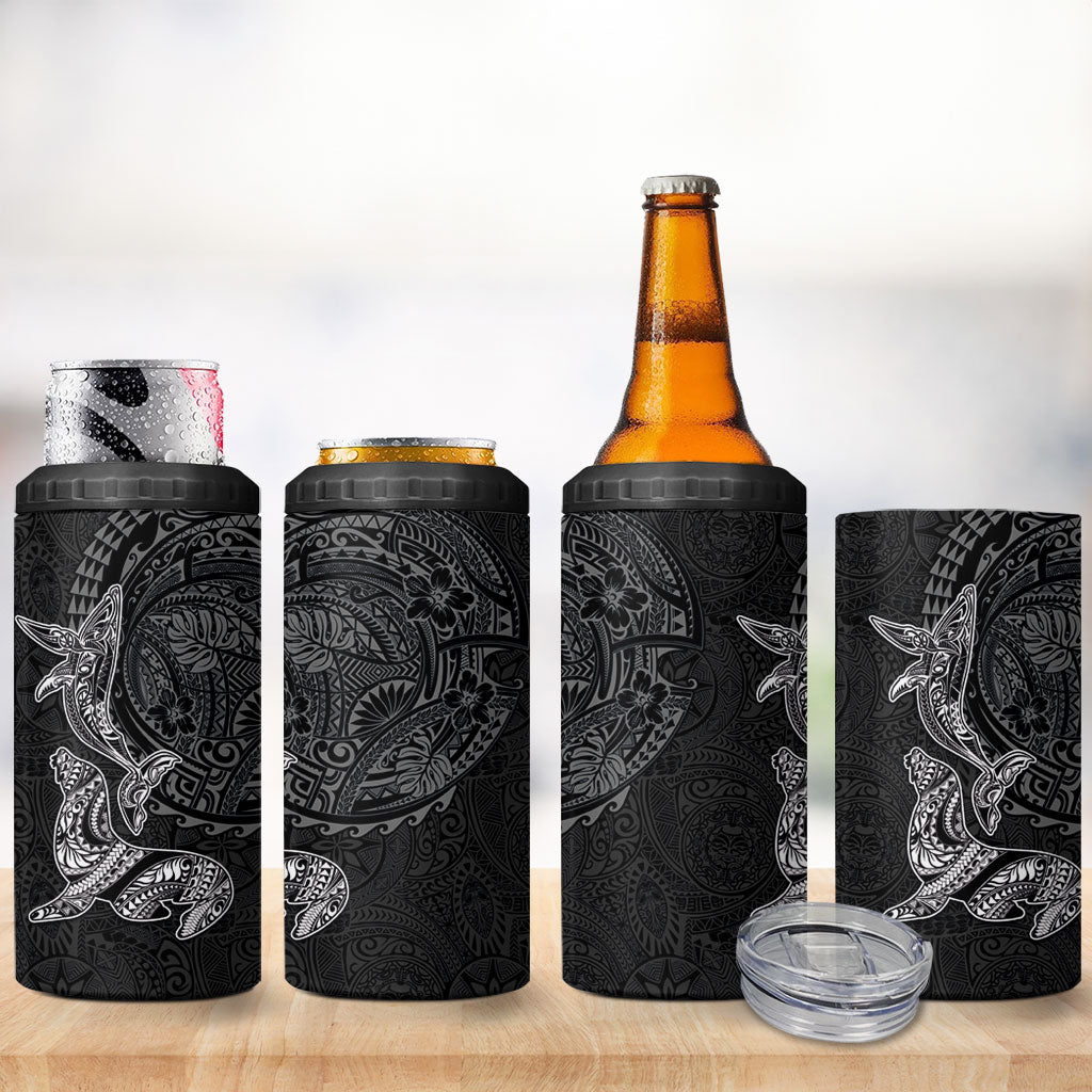 Hawaiian Monk Seal and Whale 4 in 1 Can Cooler Tumbler Kakau Tribal Pattern Grayscale