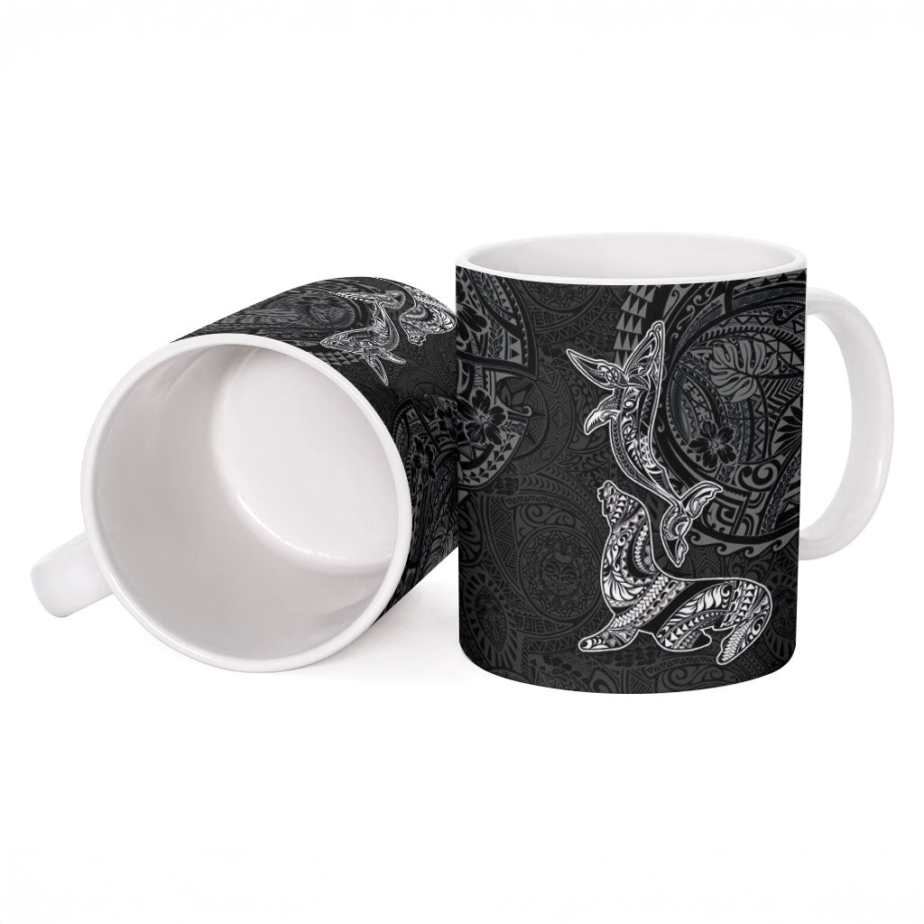 Hawaiian Monk Seal and Whale Ceramic Mug Kakau Tribal Pattern Grayscale