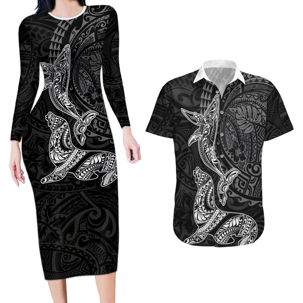 Hawaiian Monk Seal and Whale Couples Matching Long Sleeve Bodycon Dress and Hawaiian Shirt Kakau Tribal Pattern Grayscale