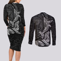 Hawaiian Monk Seal and Whale Couples Matching Long Sleeve Bodycon Dress and Long Sleeve Button Shirt Kakau Tribal Pattern Grayscale