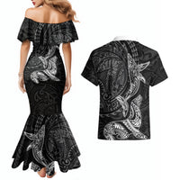 Hawaiian Monk Seal and Whale Couples Matching Mermaid Dress and Hawaiian Shirt Kakau Tribal Pattern Grayscale