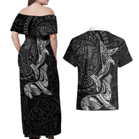 Hawaiian Monk Seal and Whale Couples Matching Off Shoulder Maxi Dress and Hawaiian Shirt Kakau Tribal Pattern Grayscale