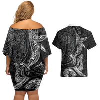Hawaiian Monk Seal and Whale Couples Matching Off Shoulder Short Dress and Hawaiian Shirt Kakau Tribal Pattern Grayscale