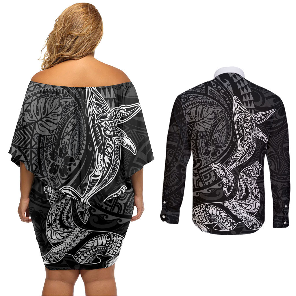 Hawaiian Monk Seal and Whale Couples Matching Off Shoulder Short Dress and Long Sleeve Button Shirt Kakau Tribal Pattern Grayscale