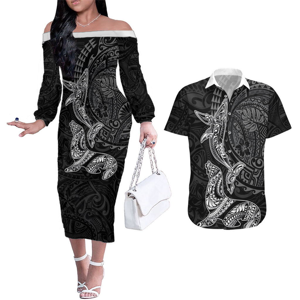 Hawaiian Monk Seal and Whale Couples Matching Off The Shoulder Long Sleeve Dress and Hawaiian Shirt Kakau Tribal Pattern Grayscale