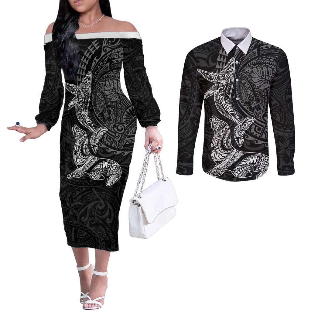 Hawaiian Monk Seal and Whale Couples Matching Off The Shoulder Long Sleeve Dress and Long Sleeve Button Shirt Kakau Tribal Pattern Grayscale