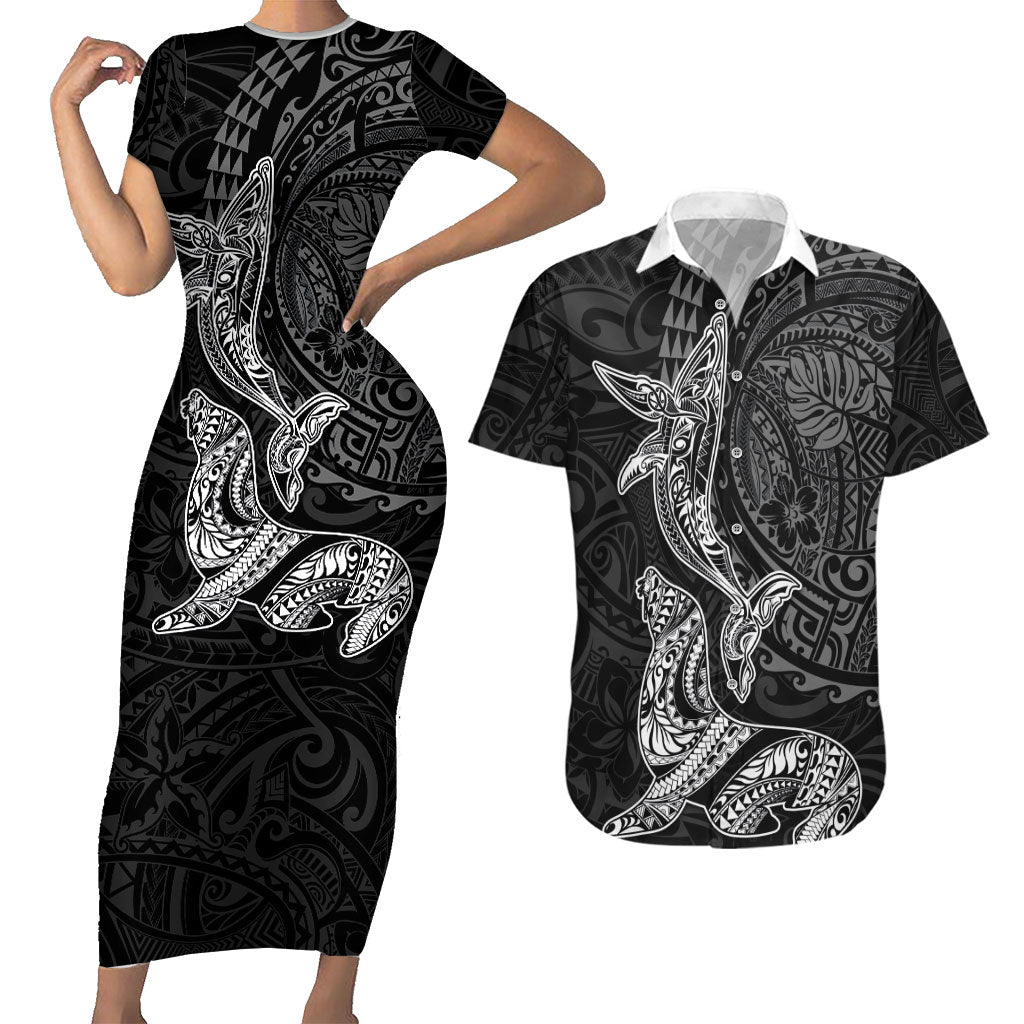 Hawaiian Monk Seal and Whale Couples Matching Short Sleeve Bodycon Dress and Hawaiian Shirt Kakau Tribal Pattern Grayscale