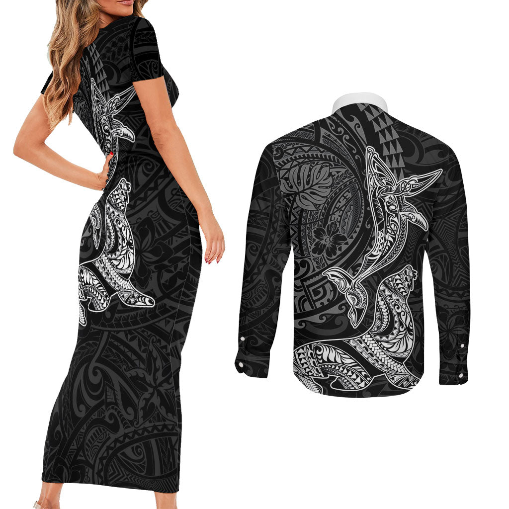 Hawaiian Monk Seal and Whale Couples Matching Short Sleeve Bodycon Dress and Long Sleeve Button Shirt Kakau Tribal Pattern Grayscale