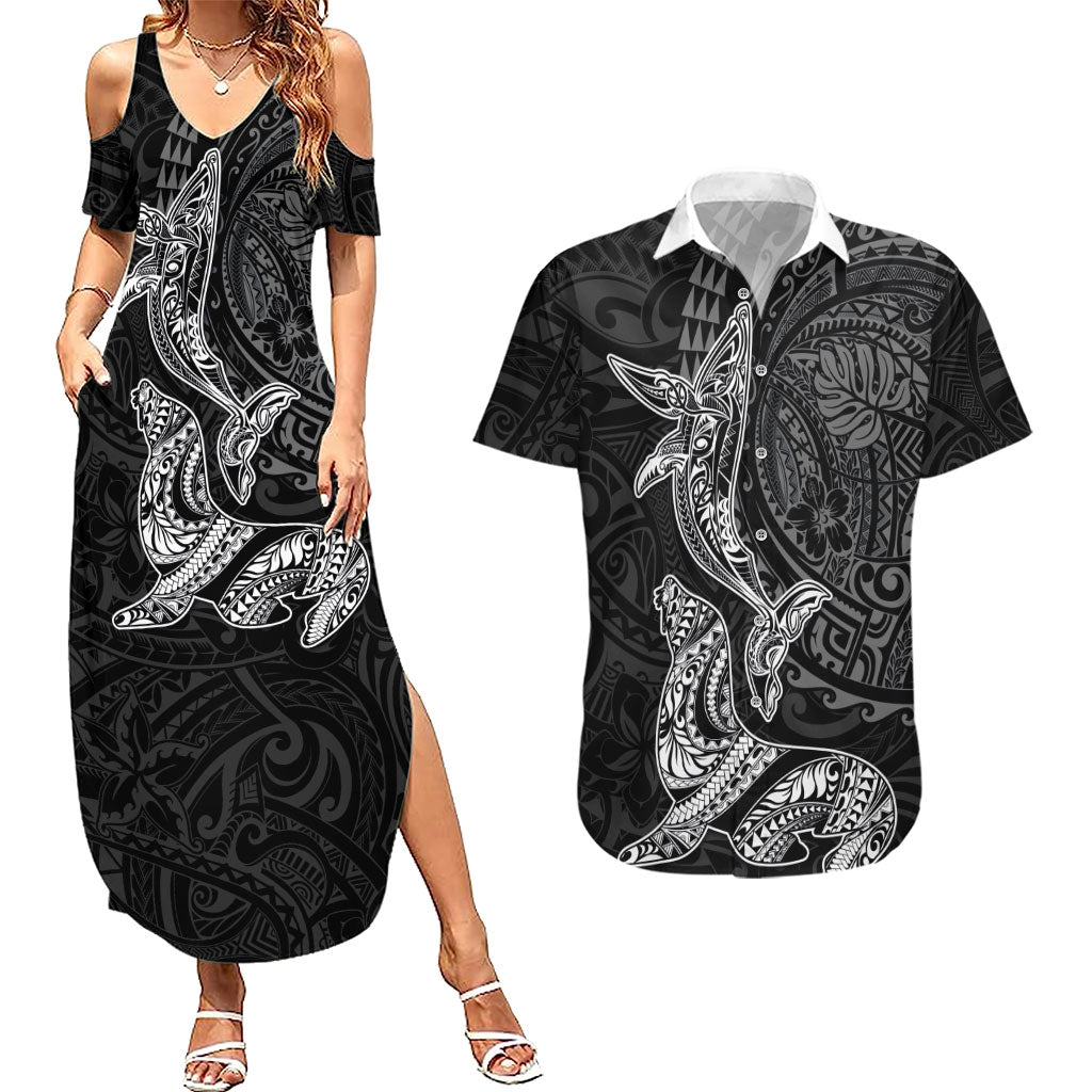 Hawaiian Monk Seal and Whale Couples Matching Summer Maxi Dress and Hawaiian Shirt Kakau Tribal Pattern Grayscale