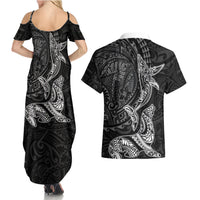 Hawaiian Monk Seal and Whale Couples Matching Summer Maxi Dress and Hawaiian Shirt Kakau Tribal Pattern Grayscale