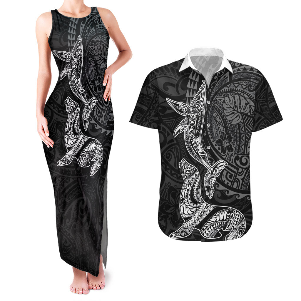 Hawaiian Monk Seal and Whale Couples Matching Tank Maxi Dress and Hawaiian Shirt Kakau Tribal Pattern Grayscale