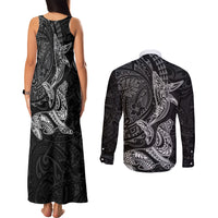 Hawaiian Monk Seal and Whale Couples Matching Tank Maxi Dress and Long Sleeve Button Shirt Kakau Tribal Pattern Grayscale