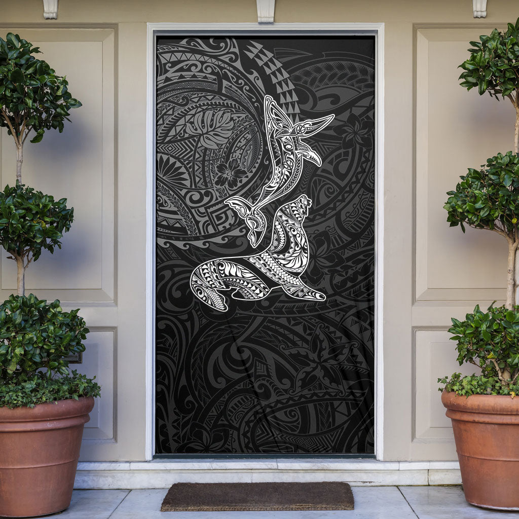 Hawaiian Monk Seal and Whale Door Cover Kakau Tribal Pattern Grayscale