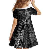 Hawaiian Monk Seal and Whale Family Matching Long Sleeve Bodycon Dress and Hawaiian Shirt Kakau Tribal Pattern Grayscale LT03 - Polynesian Pride