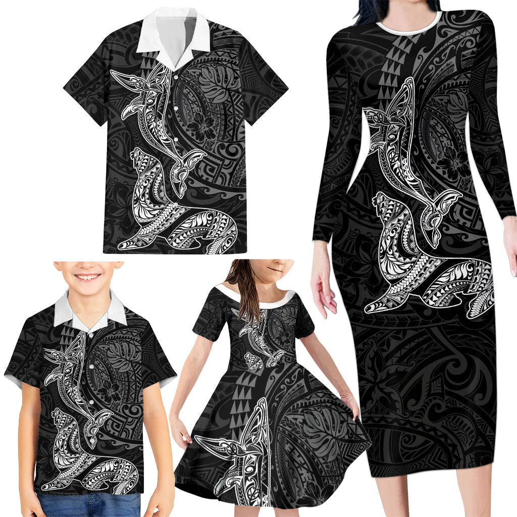Hawaiian Monk Seal and Whale Family Matching Long Sleeve Bodycon Dress and Hawaiian Shirt Kakau Tribal Pattern Grayscale LT03 - Polynesian Pride