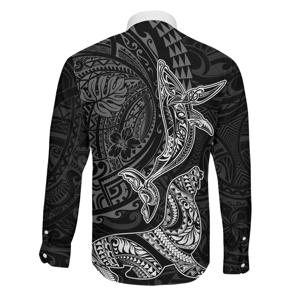 Hawaiian Monk Seal and Whale Family Matching Long Sleeve Bodycon Dress and Hawaiian Shirt Kakau Tribal Pattern Grayscale LT03 - Polynesian Pride