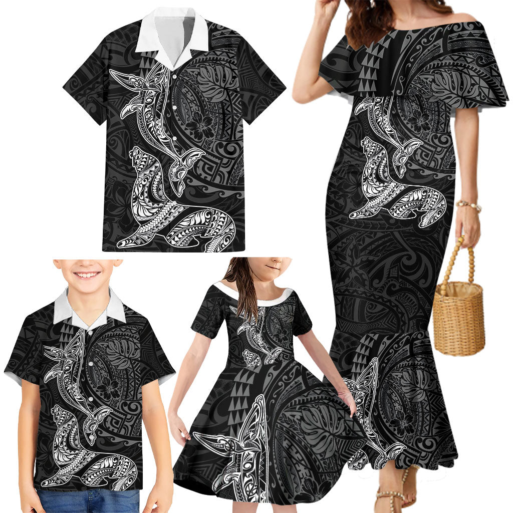 Hawaiian Monk Seal and Whale Family Matching Mermaid Dress and Hawaiian Shirt Kakau Tribal Pattern Grayscale LT03 - Polynesian Pride