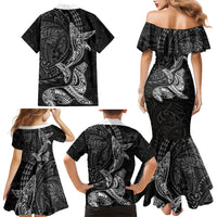 Hawaiian Monk Seal and Whale Family Matching Mermaid Dress and Hawaiian Shirt Kakau Tribal Pattern Grayscale LT03 - Polynesian Pride