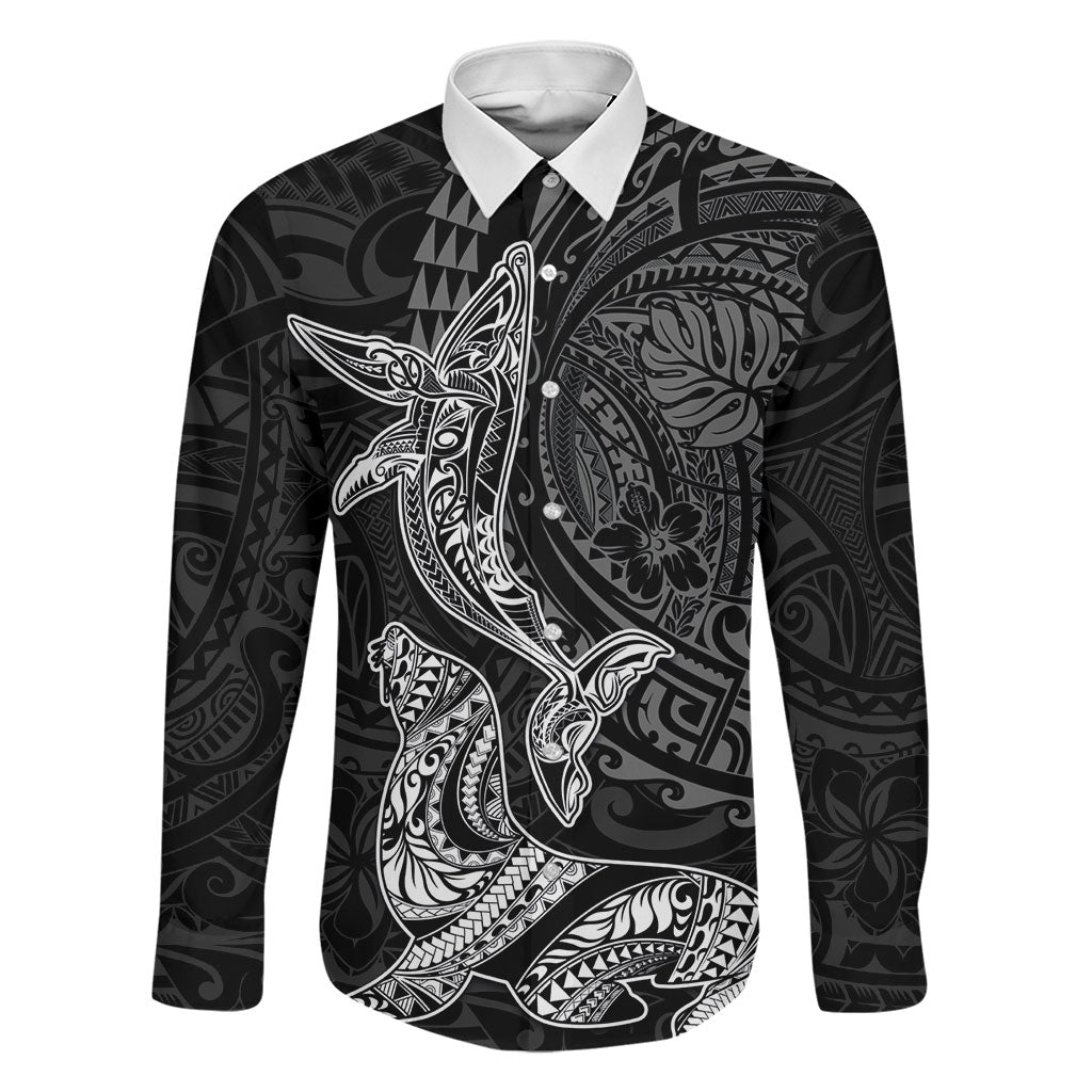 Hawaiian Monk Seal and Whale Family Matching Mermaid Dress and Hawaiian Shirt Kakau Tribal Pattern Grayscale LT03 Dad's Shirt - Long Sleeve Black - Polynesian Pride