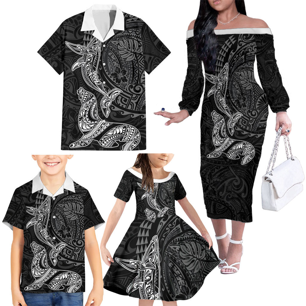 Hawaiian Monk Seal and Whale Family Matching Off The Shoulder Long Sleeve Dress and Hawaiian Shirt Kakau Tribal Pattern Grayscale
