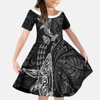 Hawaiian Monk Seal and Whale Family Matching Off Shoulder Maxi Dress and Hawaiian Shirt Kakau Tribal Pattern Grayscale LT03 Daughter's Dress Black - Polynesian Pride