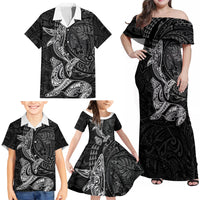 Hawaiian Monk Seal and Whale Family Matching Off Shoulder Maxi Dress and Hawaiian Shirt Kakau Tribal Pattern Grayscale LT03 - Polynesian Pride