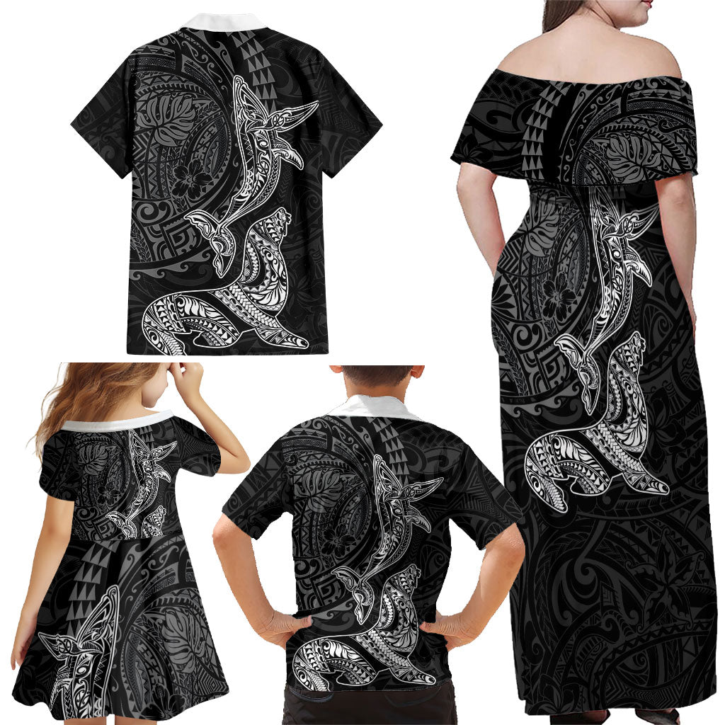 Hawaiian Monk Seal and Whale Family Matching Off Shoulder Maxi Dress and Hawaiian Shirt Kakau Tribal Pattern Grayscale LT03 - Polynesian Pride