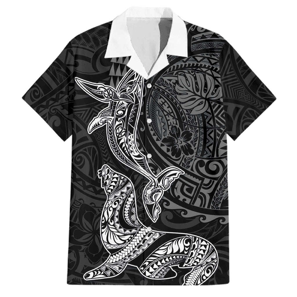 Hawaiian Monk Seal and Whale Family Matching Off Shoulder Maxi Dress and Hawaiian Shirt Kakau Tribal Pattern Grayscale LT03 Dad's Shirt - Short Sleeve Black - Polynesian Pride