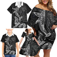Hawaiian Monk Seal and Whale Family Matching Off Shoulder Short Dress and Hawaiian Shirt Kakau Tribal Pattern Grayscale LT03 - Polynesian Pride