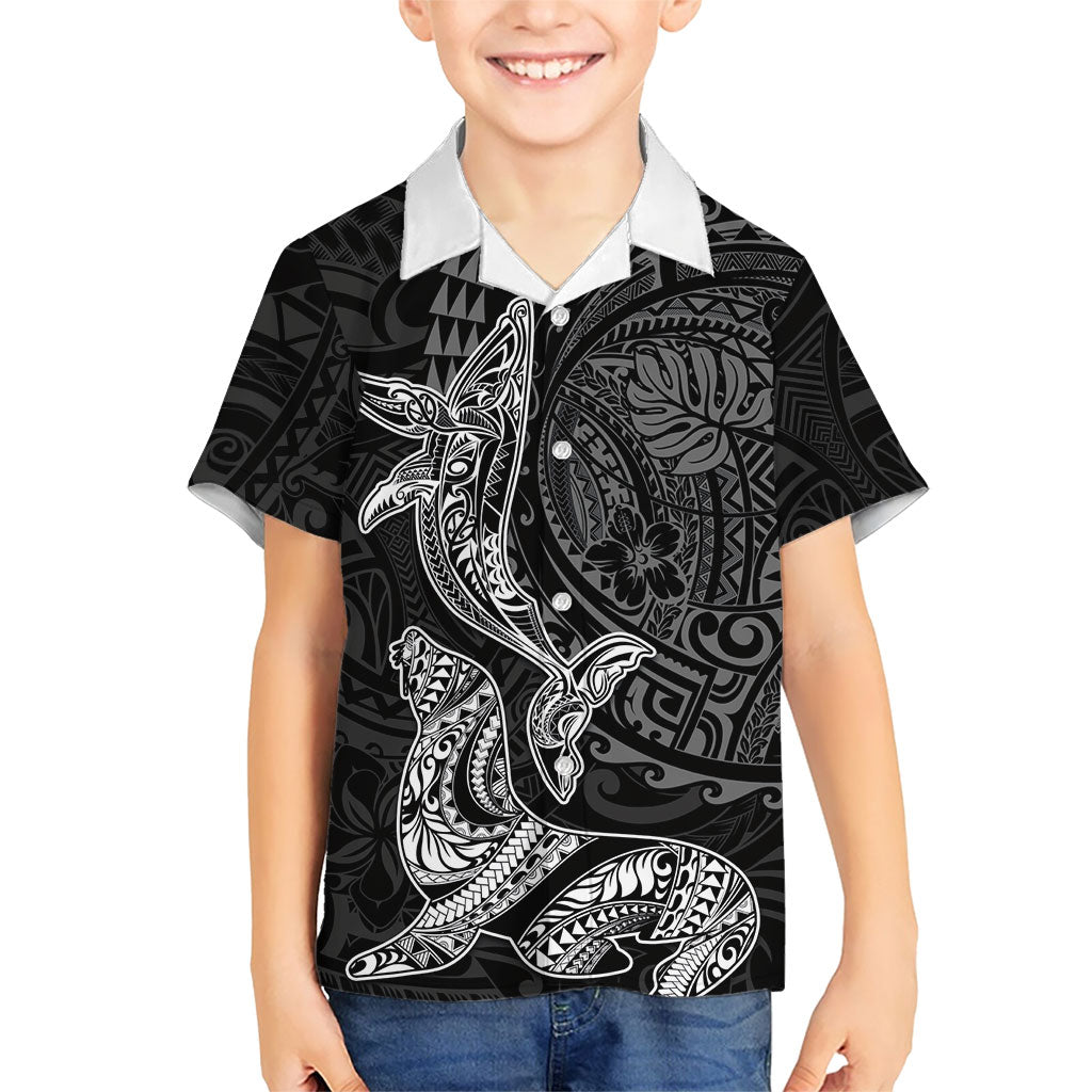 Hawaiian Monk Seal and Whale Family Matching Off Shoulder Short Dress and Hawaiian Shirt Kakau Tribal Pattern Grayscale LT03 Son's Shirt Black - Polynesian Pride