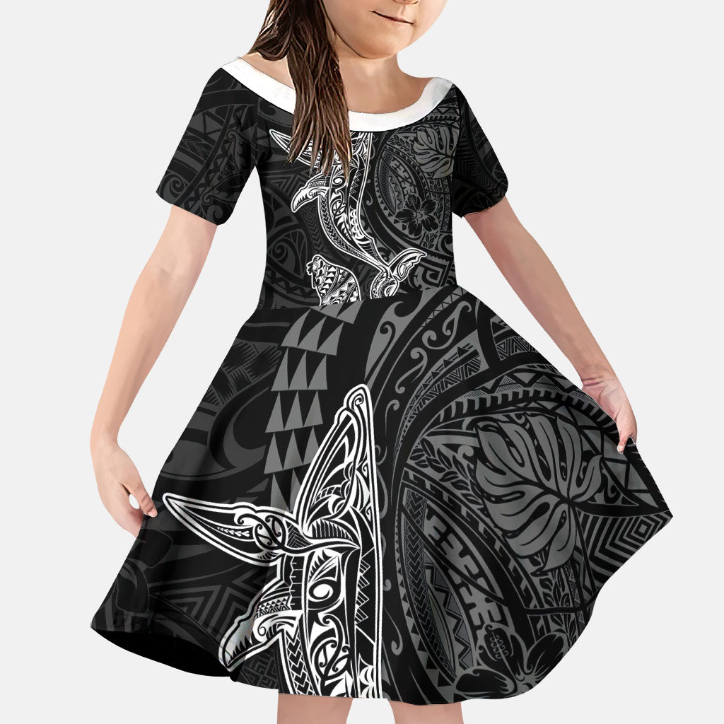 Hawaiian Monk Seal and Whale Family Matching Puletasi and Hawaiian Shirt Kakau Tribal Pattern Grayscale