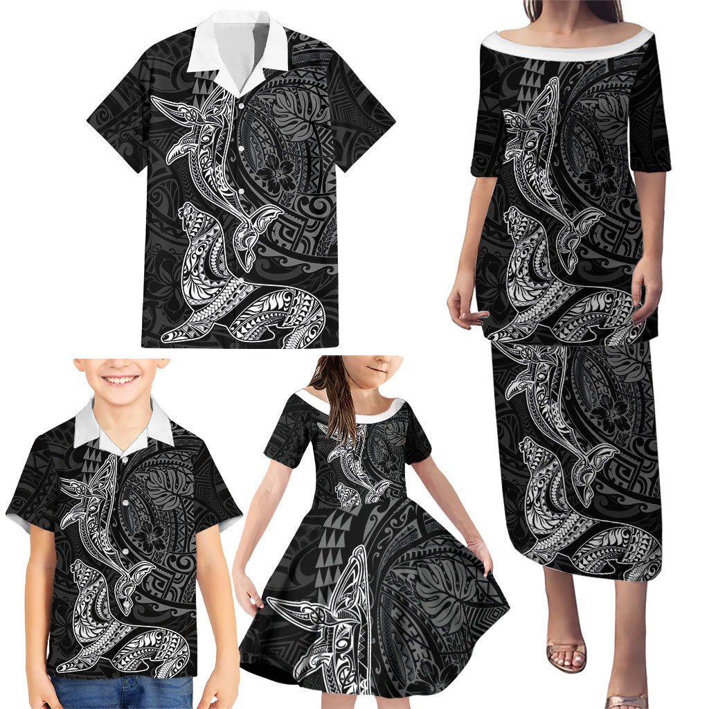 Hawaiian Monk Seal and Whale Family Matching Puletasi and Hawaiian Shirt Kakau Tribal Pattern Grayscale