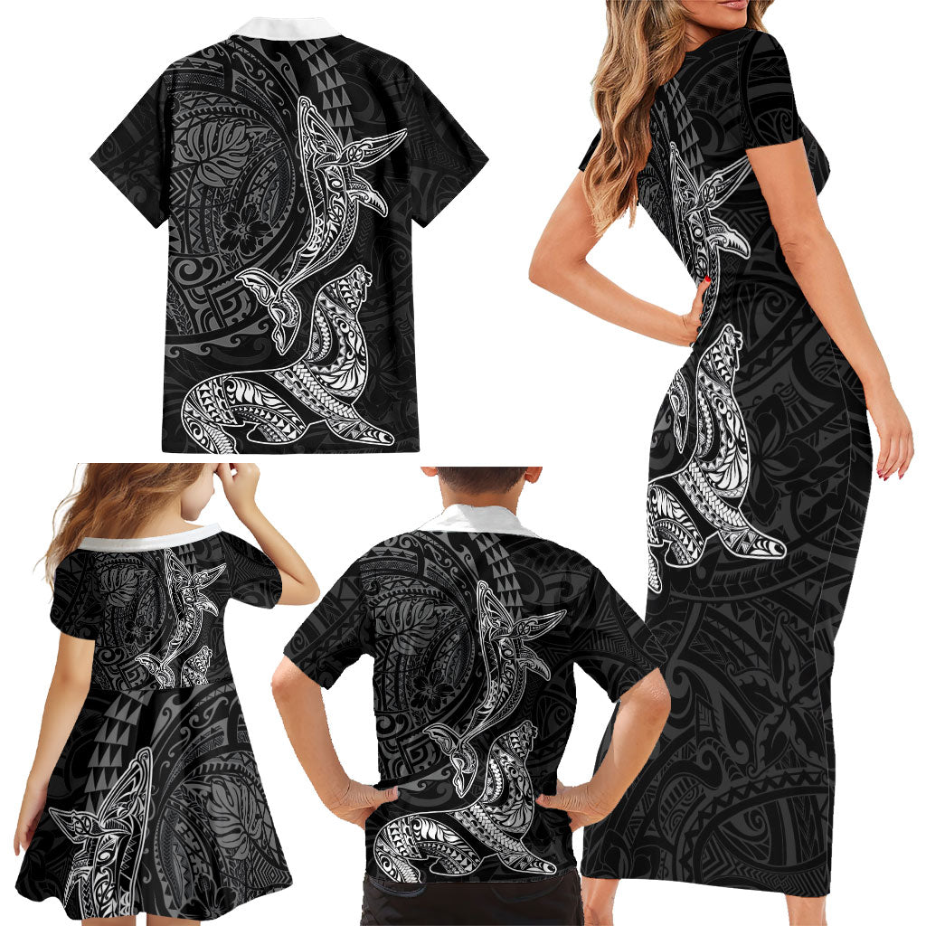 Hawaiian Monk Seal and Whale Family Matching Short Sleeve Bodycon Dress and Hawaiian Shirt Kakau Tribal Pattern Grayscale LT03 - Polynesian Pride