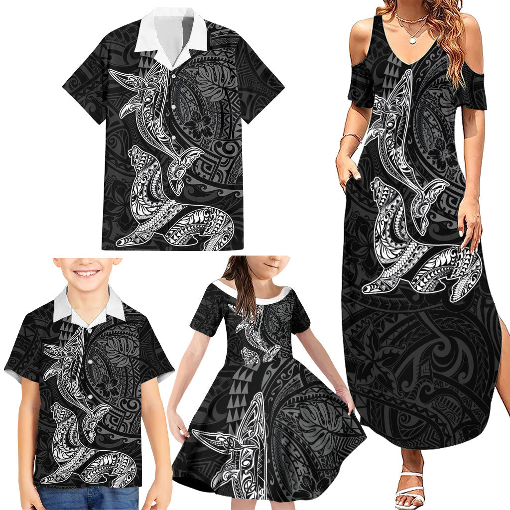Hawaiian Monk Seal and Whale Family Matching Summer Maxi Dress and Hawaiian Shirt Kakau Tribal Pattern Grayscale