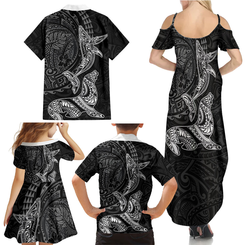 Hawaiian Monk Seal and Whale Family Matching Summer Maxi Dress and Hawaiian Shirt Kakau Tribal Pattern Grayscale LT03 - Polynesian Pride